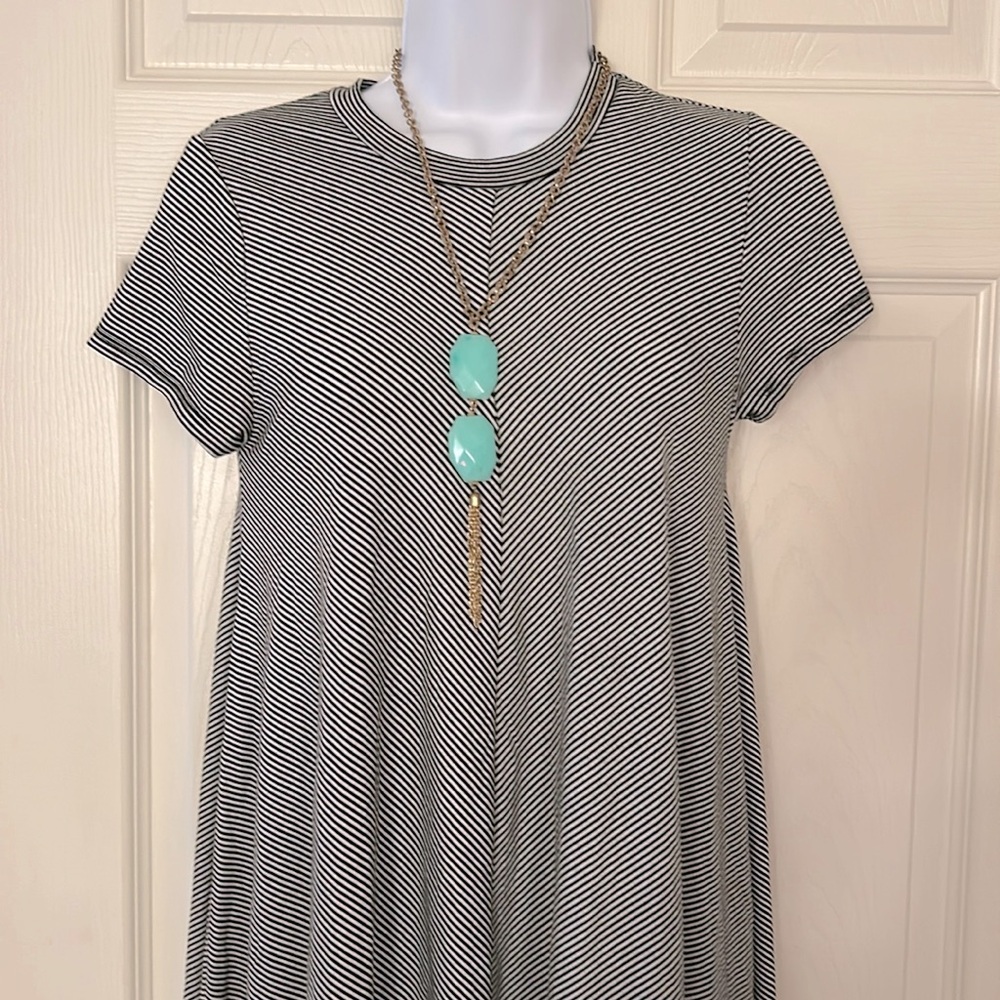 New Black + White Pinstripe Boho A-line T-Shirt Dress